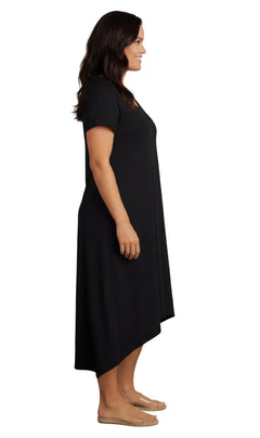Women's Short Sleeve A-Line Knit Dress — Scoop Neck Asymmetrical Hem