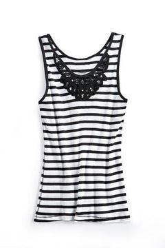 Women's Striped Sleeveless Tank Top with Crochet Lace Neckline