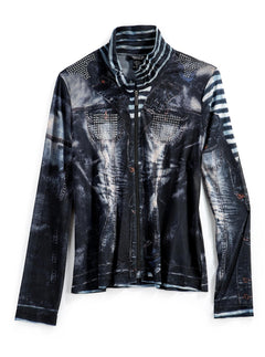Women's Zip Front Mesh Denim Look Printed Jacket