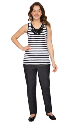 Women's Striped Sleeveless Tank Top with Crochet Lace Neckline