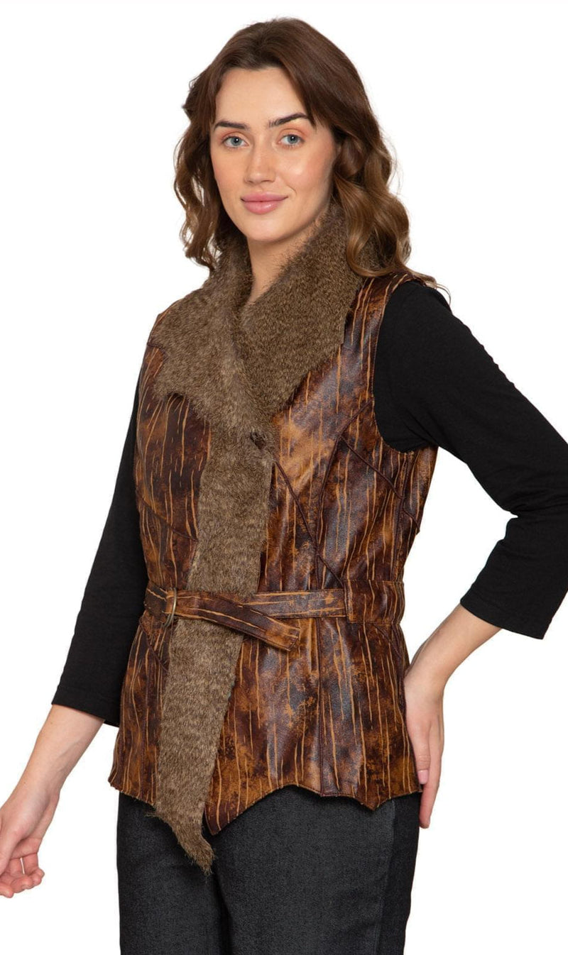 Women's Faux Fur Trimmed Belted Vegan Leather Vest-Brandy Journey
