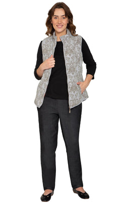 Women's Flocked Damask Print Zip Front Vest-Brandy Journey