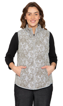 Women's Flocked Damask Print Zip Front Vest-Brandy Journey