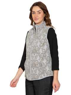 Women's Flocked Damask Print Zip Front Vest-Brandy Journey