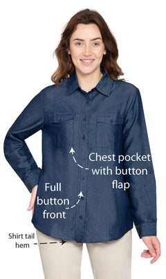 Women's Long Sleeve Button Down Denim Shirt with Front Pocket