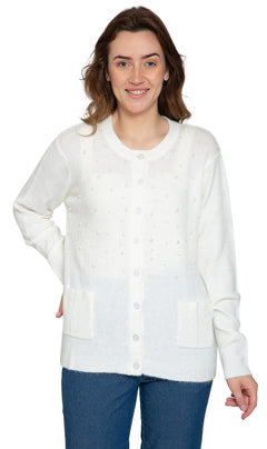Women's Faux Pearl Button Cardigan — Cashmere-Like Soft Knit