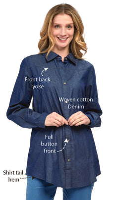 Women's Long Sleeve Denim Tunic Top — Button Front All Season Wear