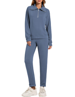 Casly Lamiit Two Piece Sets for Women Quarter Zip Oversized Sweatshirt Sweatpants Tracksuit Lounge Sets Gym Workout Casual Running Fall Clothes 2024 Grey Blue Large