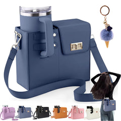 Purse with Cup Holder Outdoor Portable Crossbody Water Cup Storage Bag Purse with Water Bottle Holder Water Bottle Purse Crossbody Bag Purse with Water Bottle Pocket for Women (Blue)