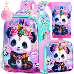 FTJCF 3Pcs Girls Backpack 16" Kids Bookbag with Lunch Box，Panda School Backpacks for Elementary Preschool Kindergarten (Pink)