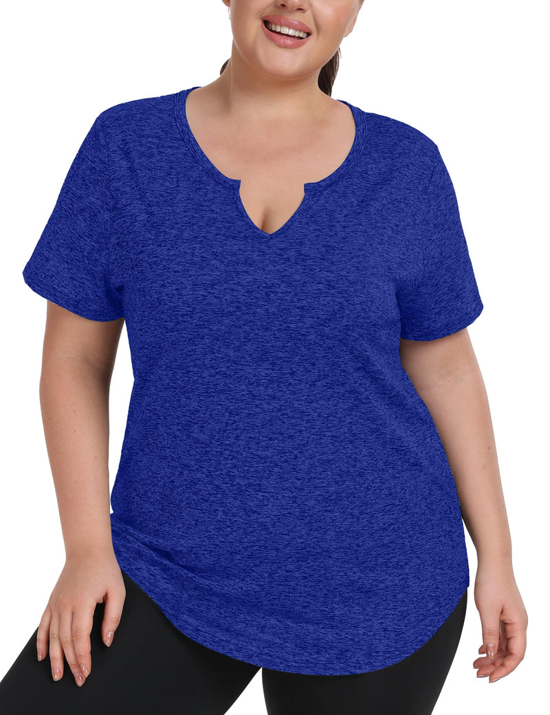 FOREYOND Plus Size Workout Tops for Women Short Sleeves Loose Fit Shirts V-Neck Athletic Sport Tops Yoga Shirt Activewear Summer Dark Blue