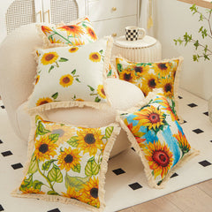 Tassel Sunflower Linen Printed Pillowcase for Home Use