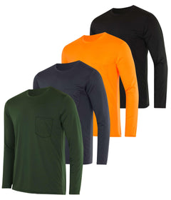 4 Pack:Men’s Big and Tall Tech Stretch Long Sleeve Crew Quick Dry Dri Fit Pocket T-Shirt Wicking Active Athletic Gym Top Plus Size Clothes Lounge Sleep Running Basketball Workout Tee- Set 7 3X Tall