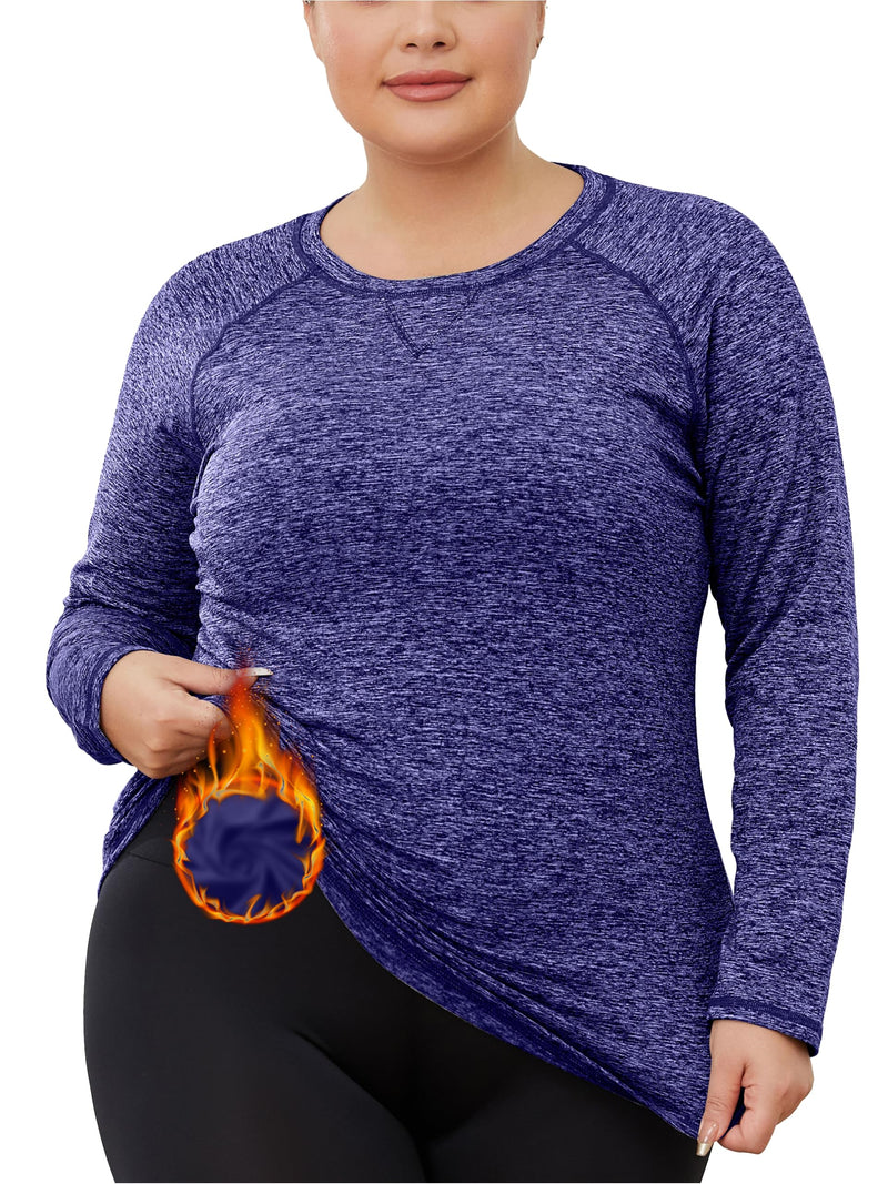 FOREYOND Womens Plus Size Thermal Fleece Tops Long Sleeve Running Athletic Shirt Workout Tops Thermal Underwear Blue 3XL