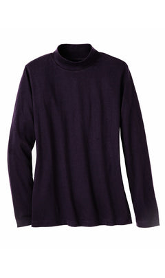Women's Long Sleeve Mock Neck Top — Lightweight Cotton Blend